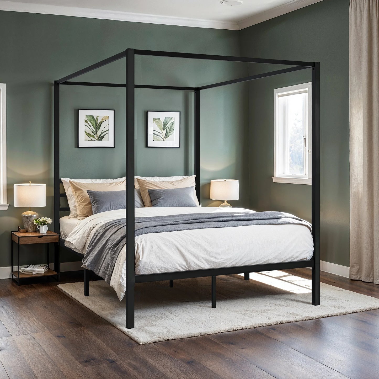 Canopy Bed Frame, Enhanced 4-Poster, 3-Metal Crossbar