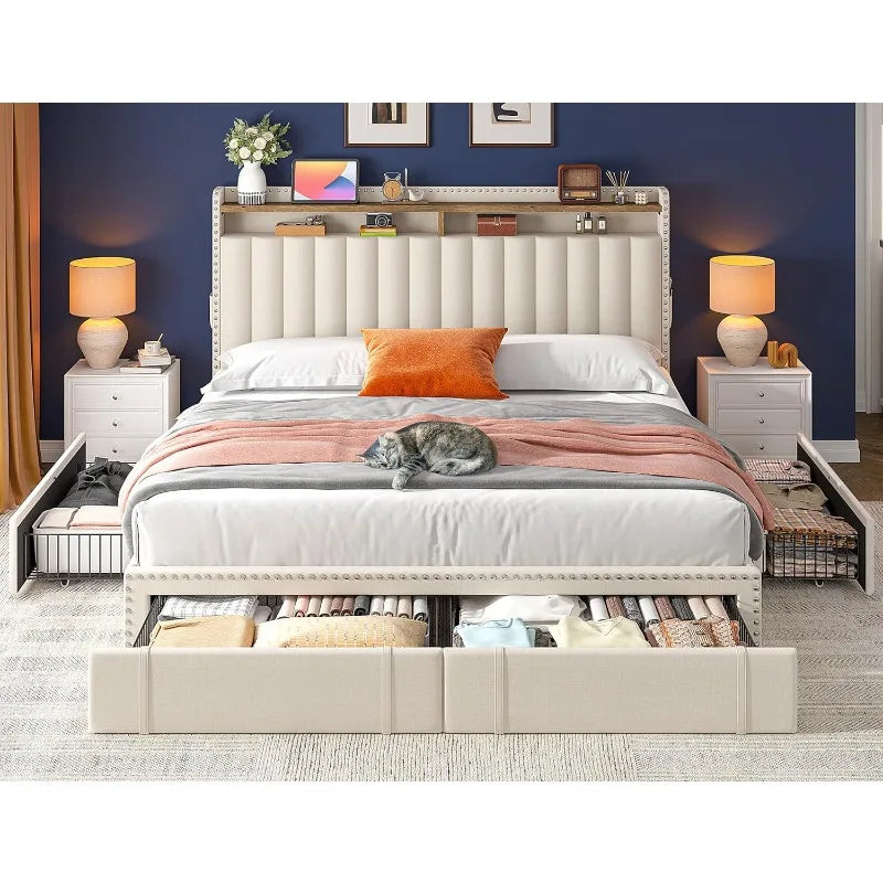 King Size Bed Frame with 4 Storage Drawers
