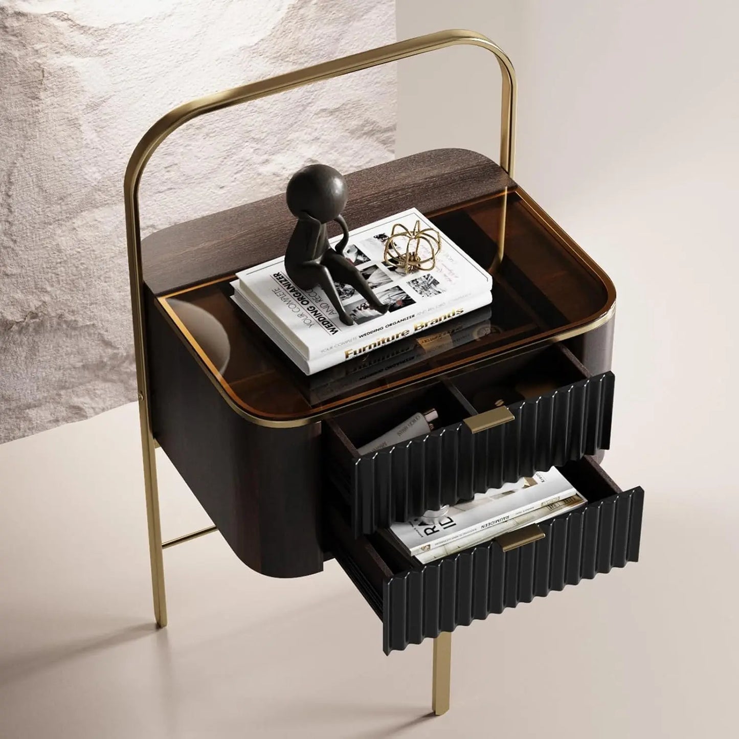 Elegant Black Nightstand with Glass Top Stylish Table