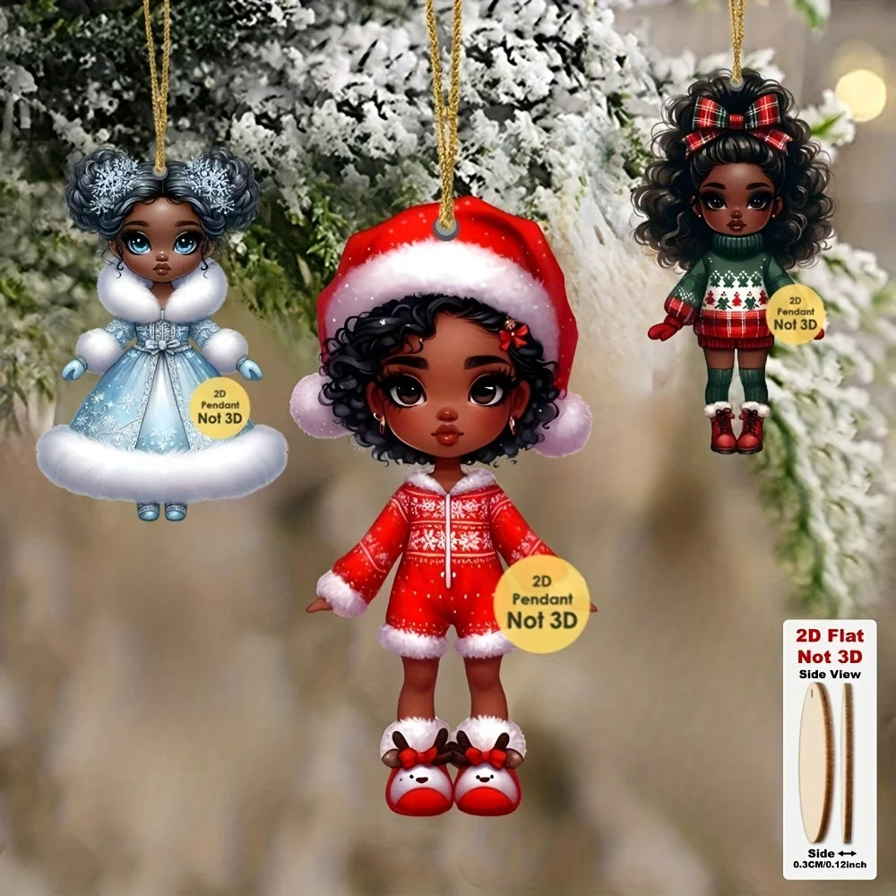 12pcs African American Christmas Ornaments 2D Wood