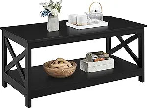 Wood 2-Tier White Coffee Table with Storage