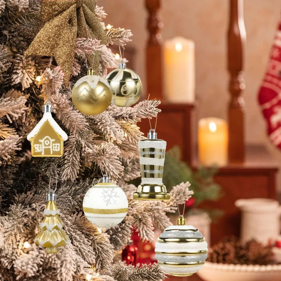 60Pc Shatterproof White Gold Assorted Christmas Ornaments