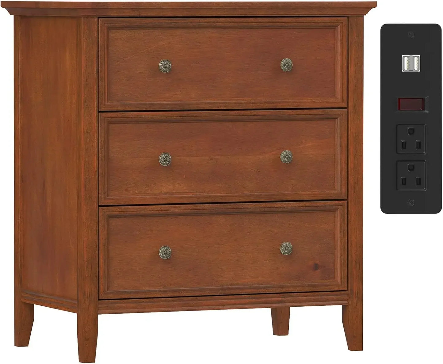 Solid Wood Nightstand with 3 Drawers and Power Outlet