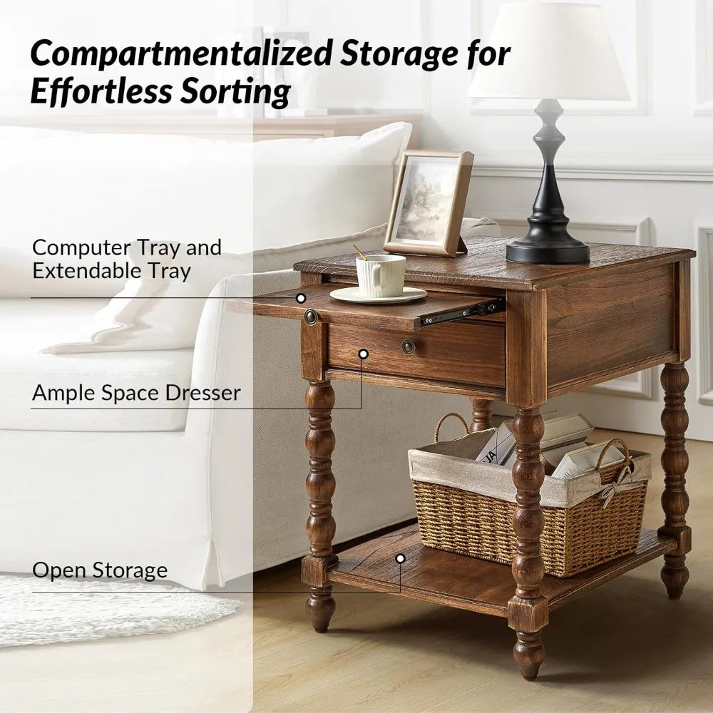 Solid Wood Spindle Nightstand with Charging Station