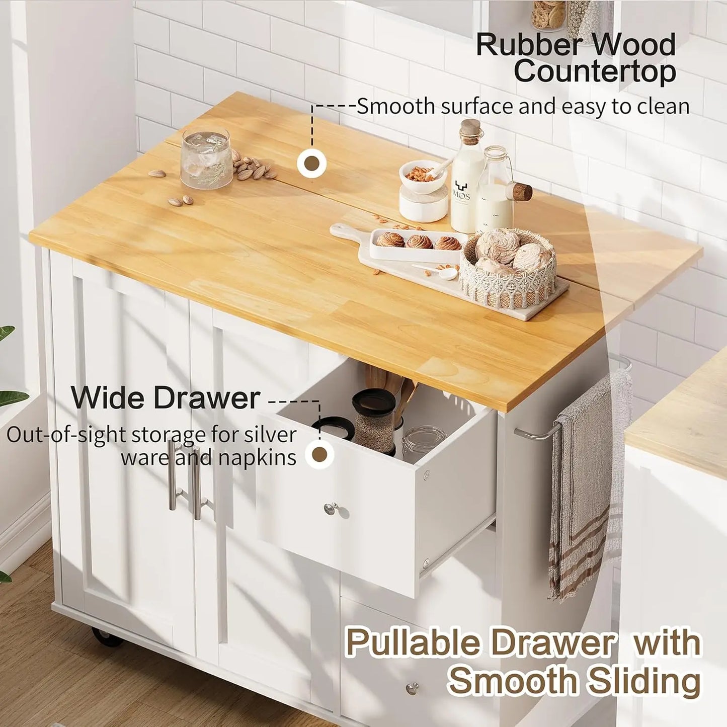 Rolling Kitchen Table with Foldable Drop Leaf