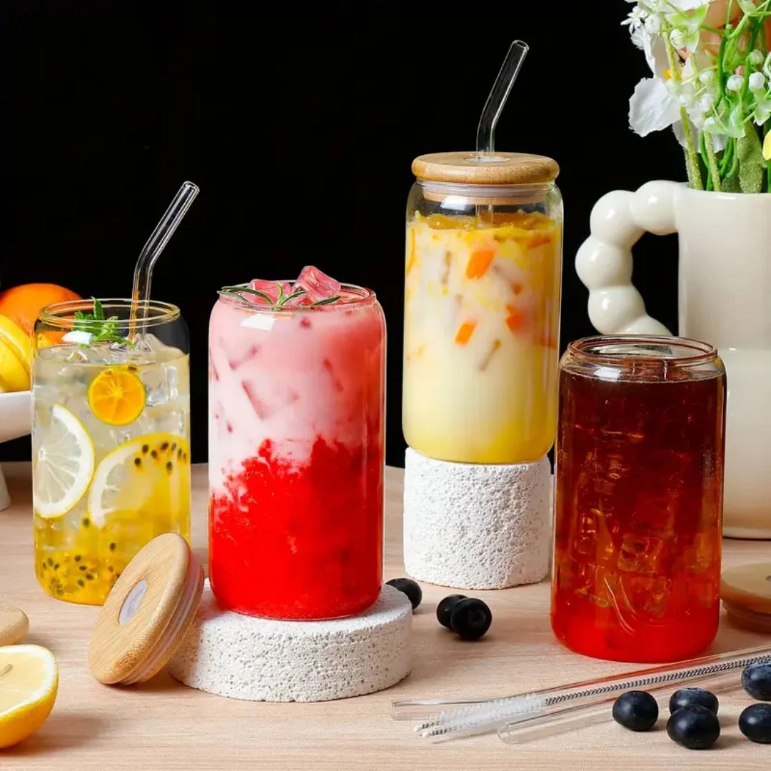 Drinking Glasses with Bamboo Lids, Glass Straw