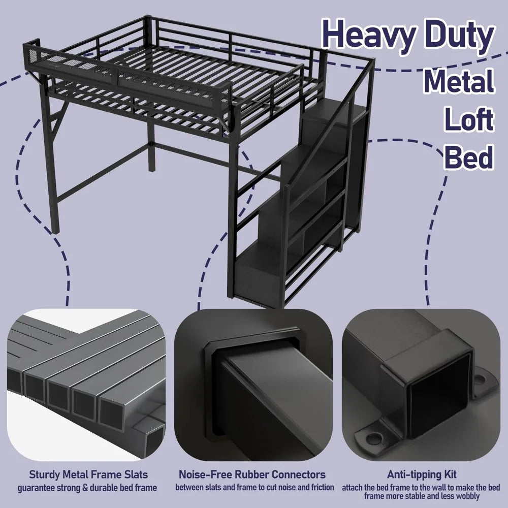Metal Loft Bed Frame with Storage Stairs
