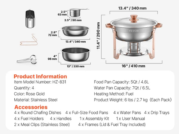 4 Pack Round Chafing Dish Buffet Set