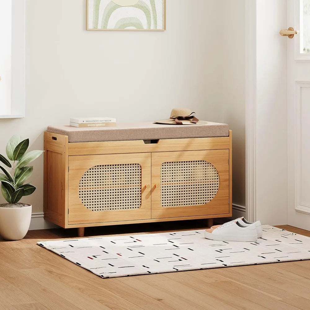 Rattan shoe storage bench, bamboo entryway bench