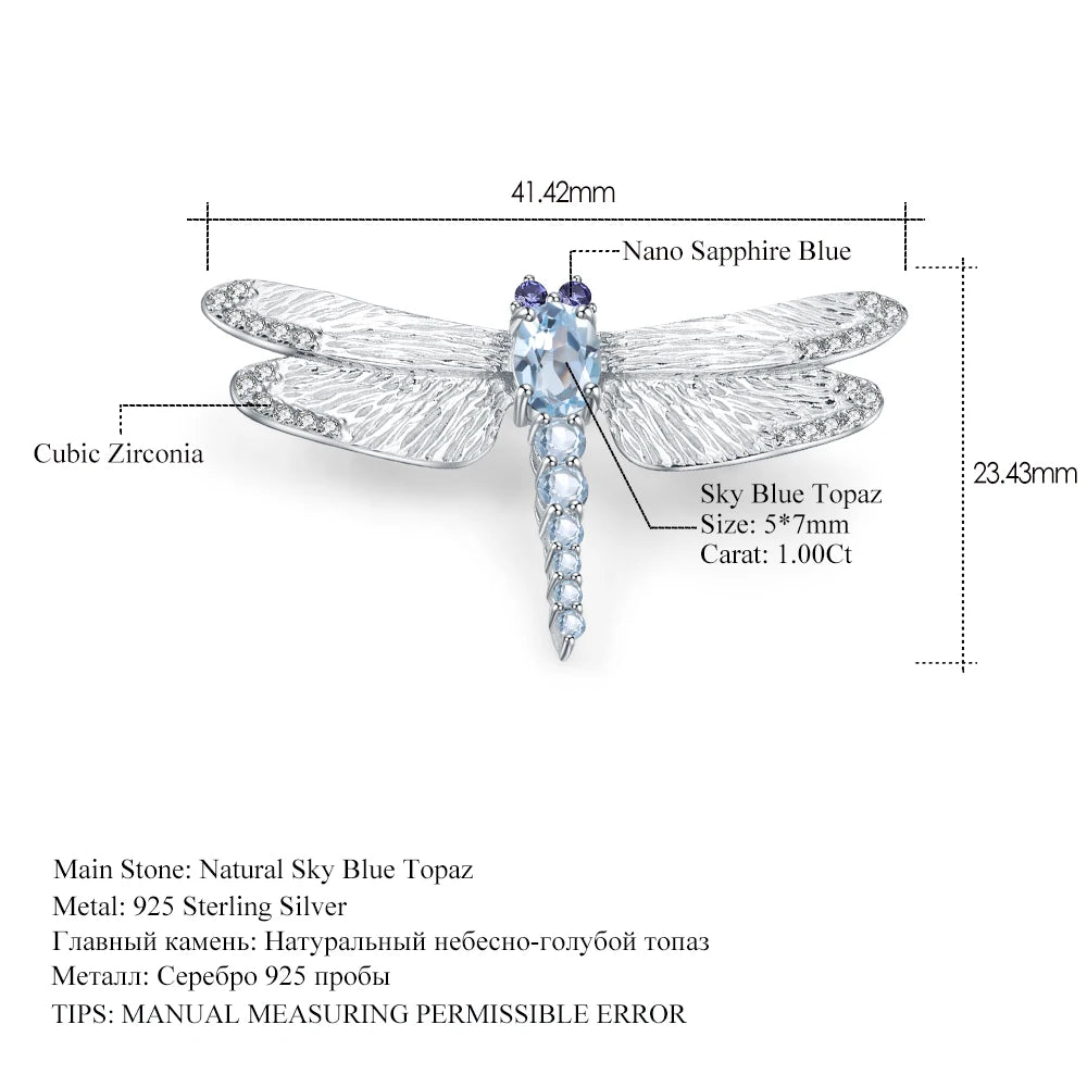 Natural Sky Blue Topaz Dragonfly Brooch Design