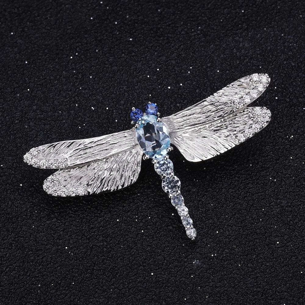 Natural Sky Blue Topaz Dragonfly Brooch Design