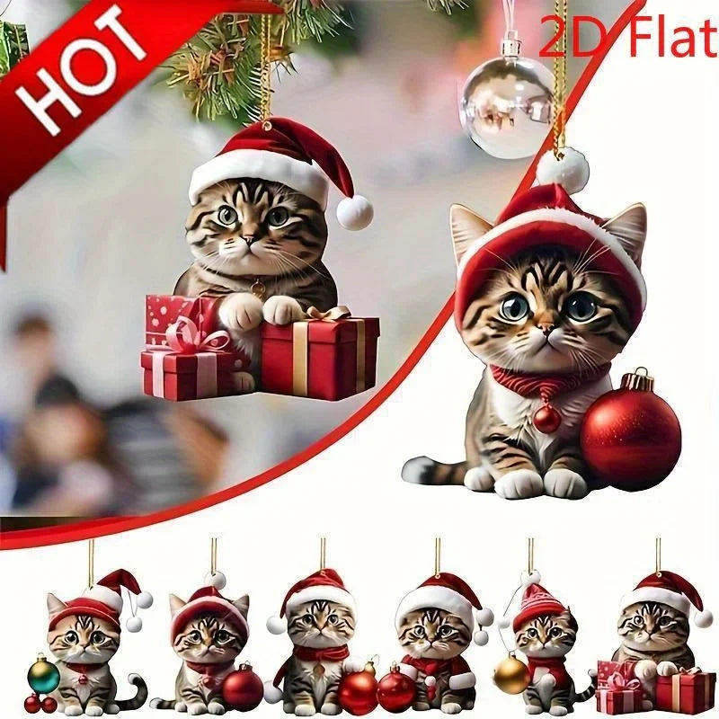 2D 6Pcs Cat Christmas Kitty Decor Ornaments