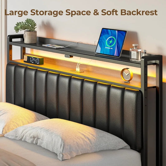 Queen Bed Headboard Storage Adjustable USB Ports