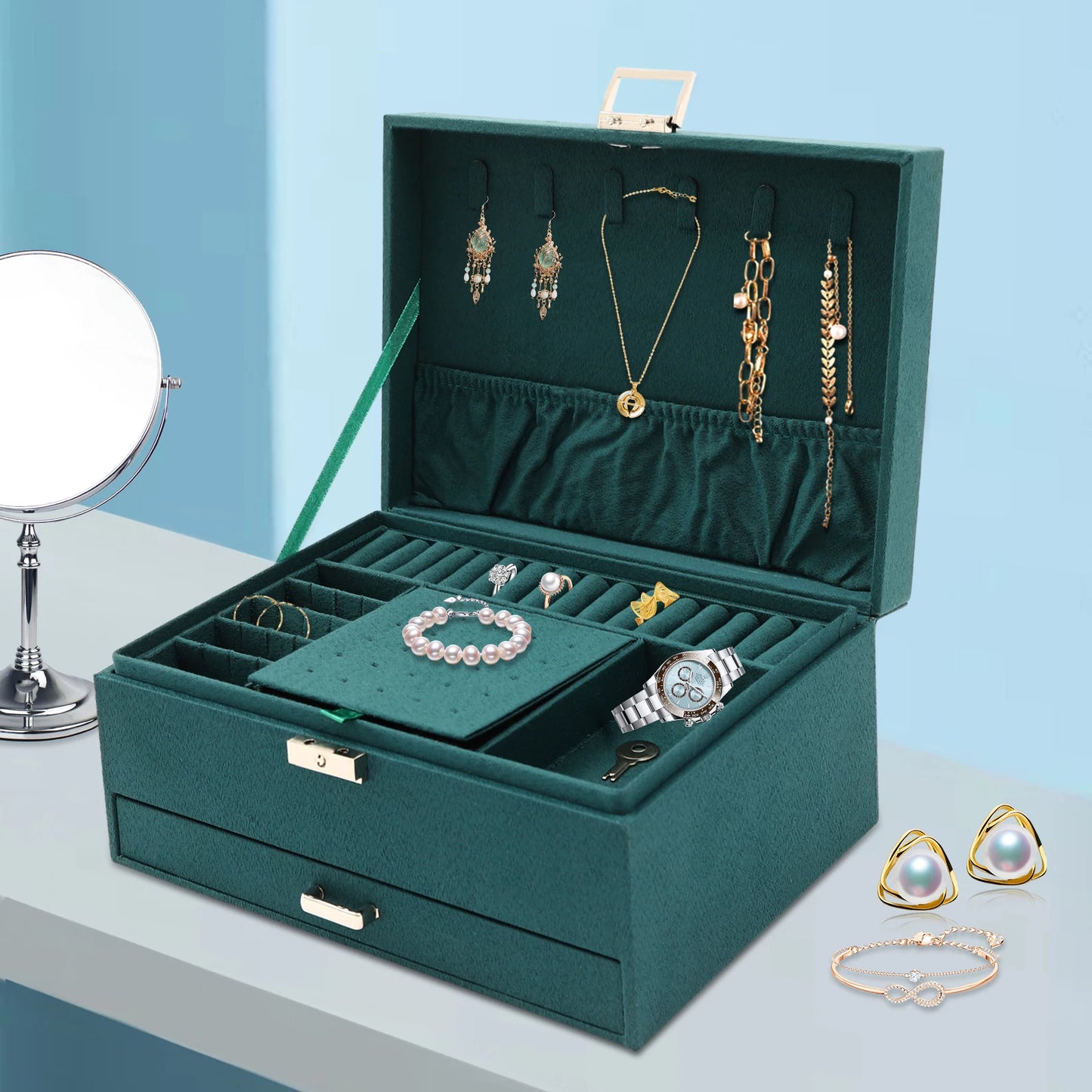 3Tier Large Capacity Jewelry Box with Safety Lock