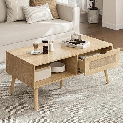 Storage Coffee Table, Rattan Drawer Table