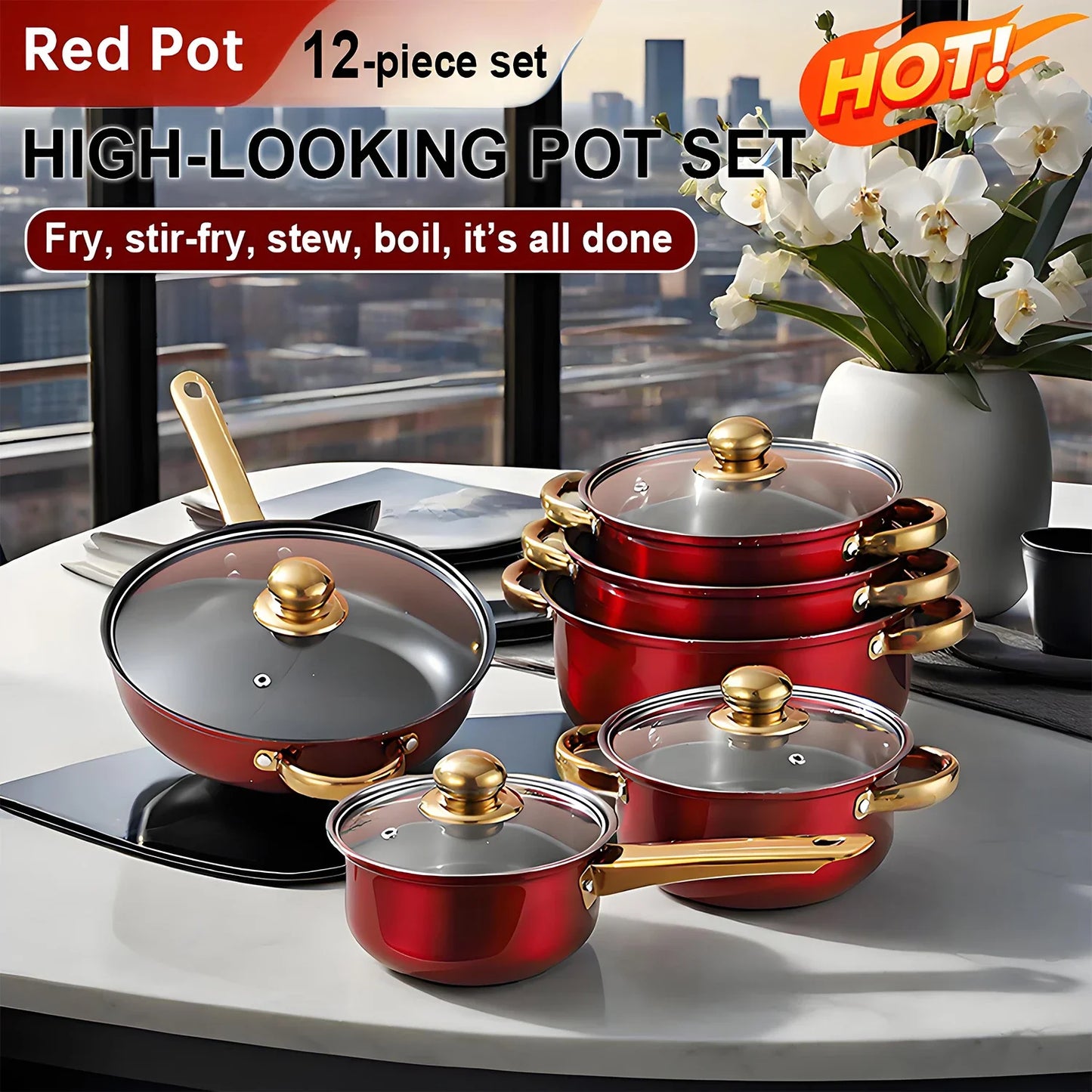 Red Cookware Set, 12-Piece, Stainless Steel, Non-Stick