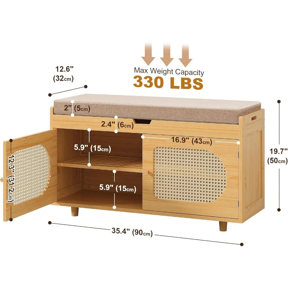 Rattan shoe storage bench, bamboo entryway bench