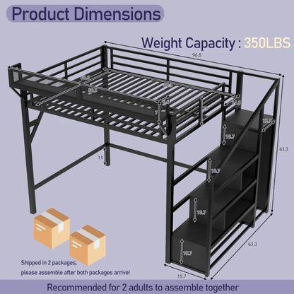Metal Loft Bed Frame with Storage Stairs