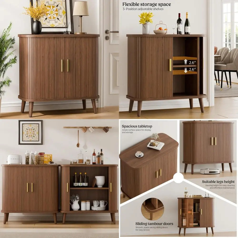 Modern walnut buffet cabinet rolling/sliding doors