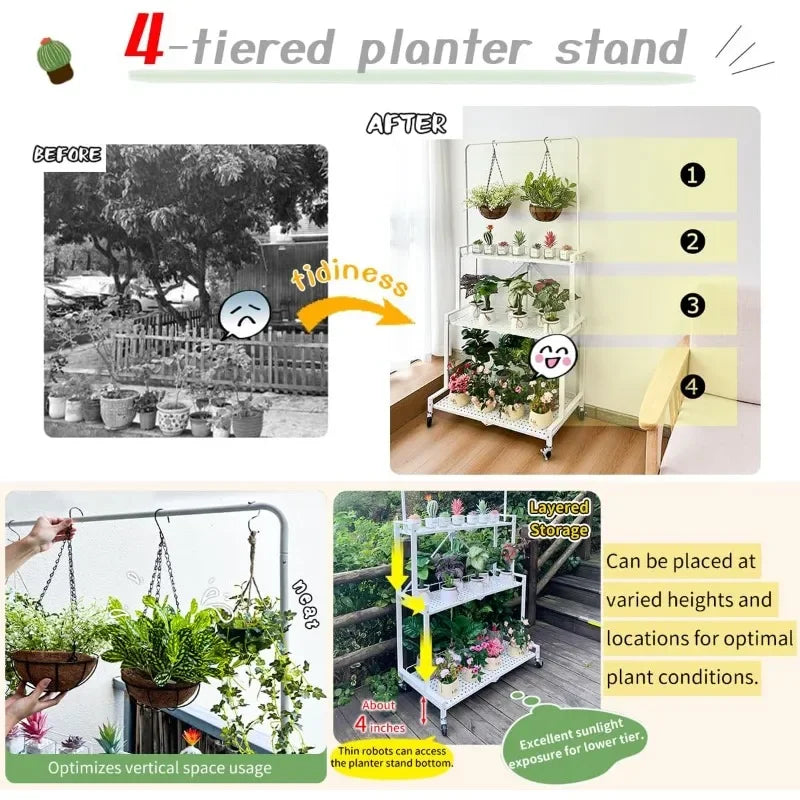 Foldable 4-Tier Plant Stand Hanging Plant Shelf