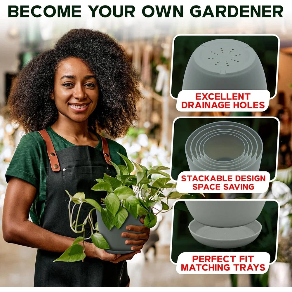 5 Stackable Plastic Plant Pots with Drainage