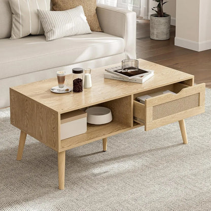 Storage Coffee Table, Rattan Drawer Table
