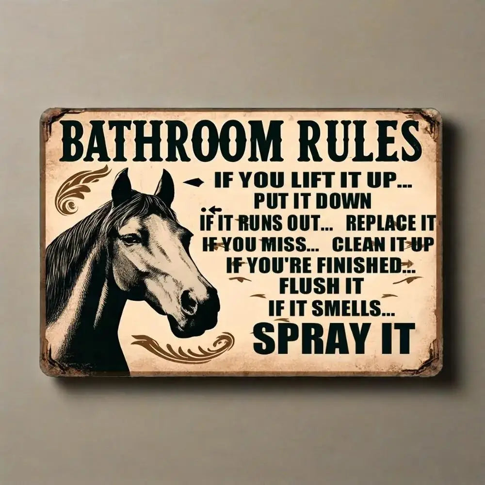 Vintage Horse Illustration Bathroom Rules Tin Sign