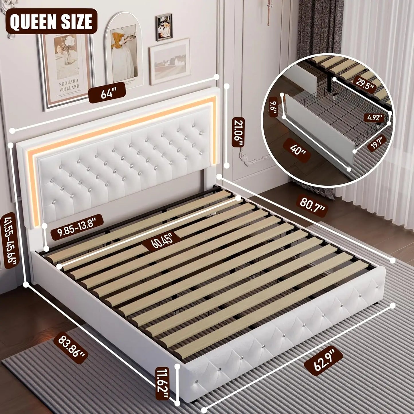 Queen LED Platform Bed Frame with Storage