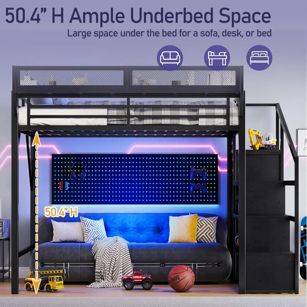 Metal Loft Bed Frame with Storage Stairs