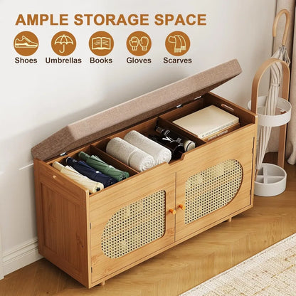 Rattan shoe storage bench, bamboo entryway bench