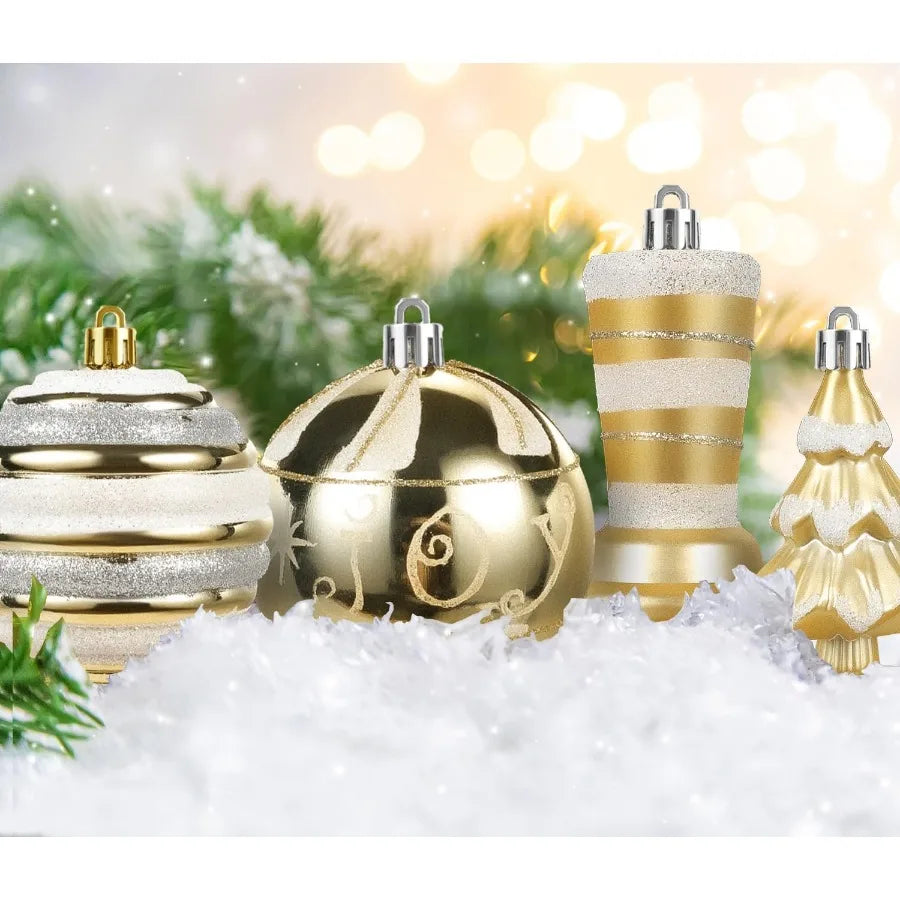 60Pc Shatterproof White Gold Assorted Christmas Ornaments