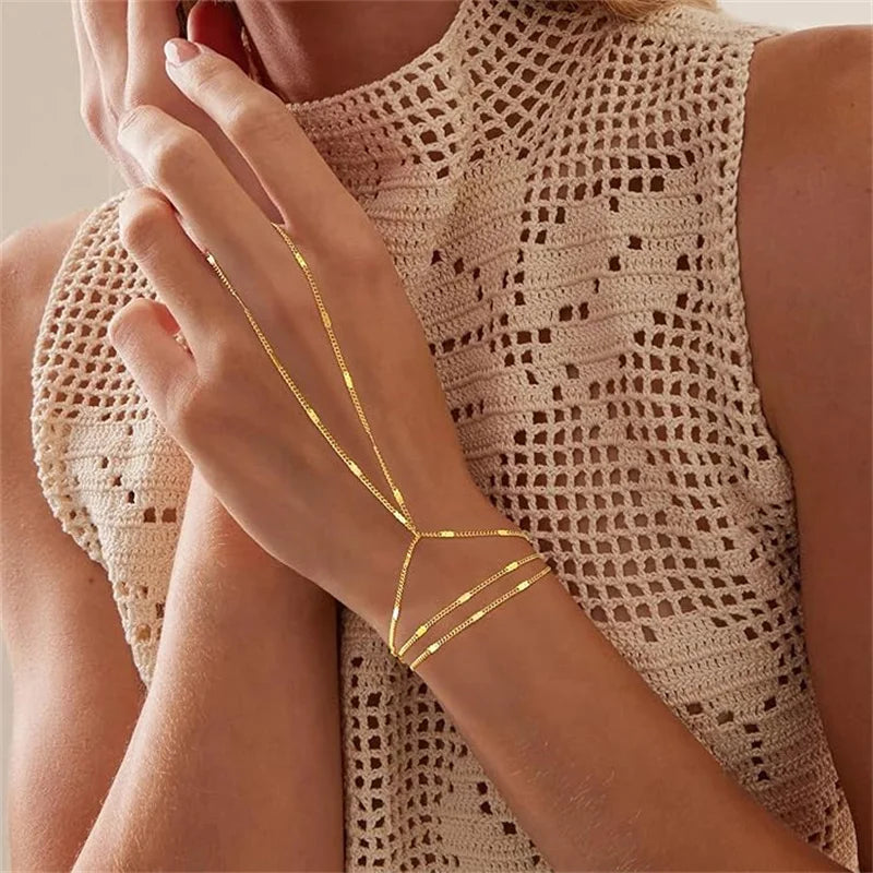 Minimalist Thin Chain Connected Finger Ring Bracelets