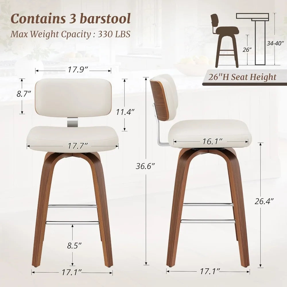 Set of 3 Counter Height Bar Stools with Wood Legs, 26"