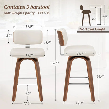 Set of 3 Counter Height Bar Stools with Wood Legs, 26"