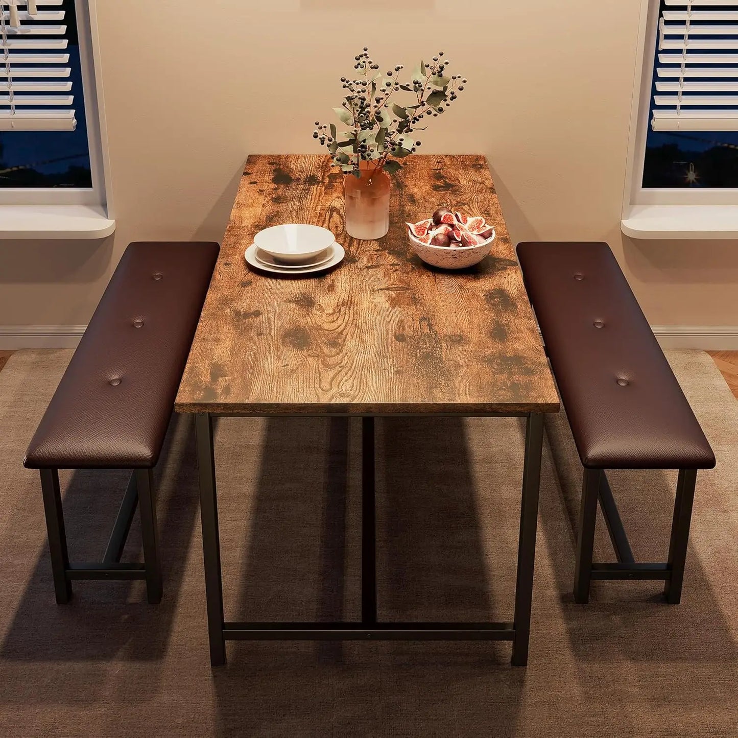 Rectangular Dining Table Set With Upholstered Benches