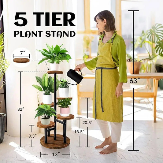 5 Tier Plant Stand Metal Wood Shelf