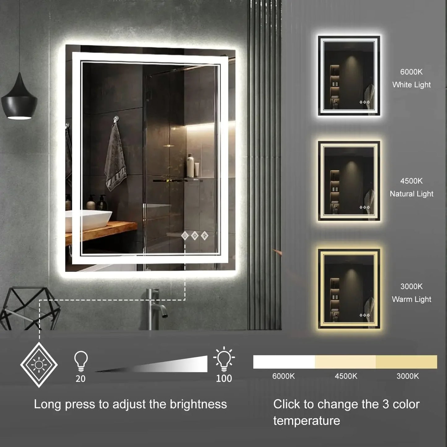LED Bathroom Mirror, Gradient Front and Backlit