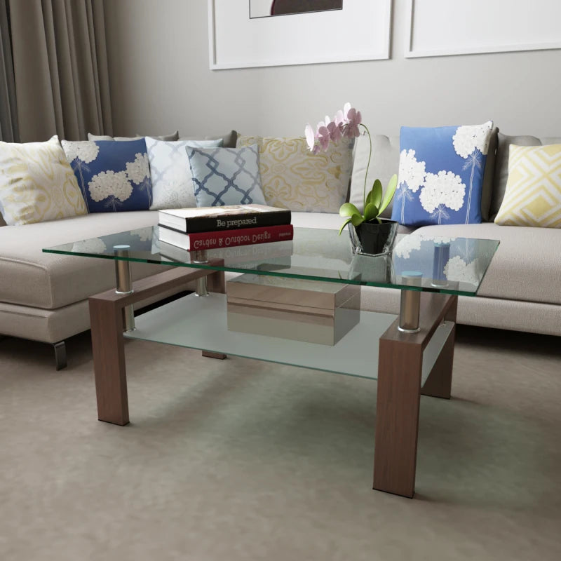 Rectangle Walnut Glass Coffee Table Living Room