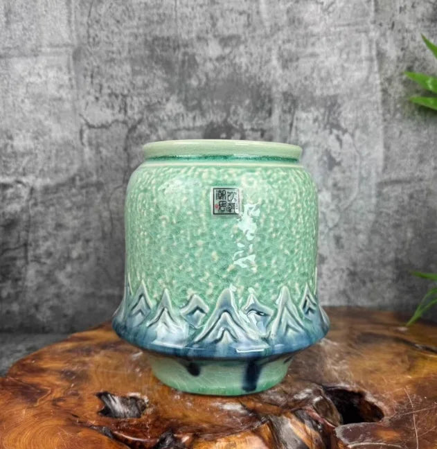 Hand Carved Ceramic Bonsai Pot with Base