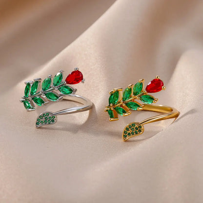 Green Rose Flower Stainless Steel Adjustable Ring