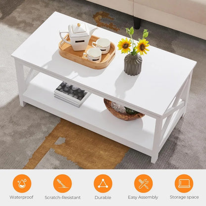 Wood 2-Tier White Coffee Table with Storage