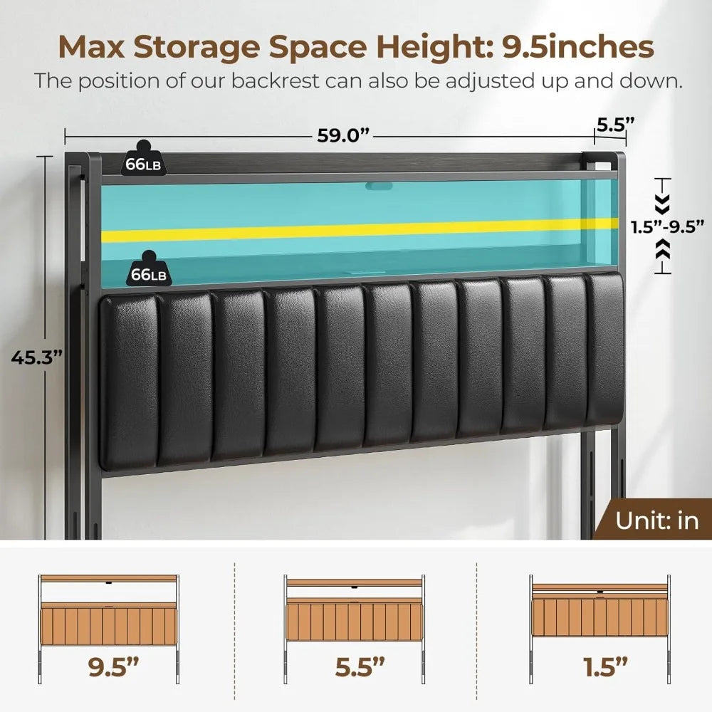 Queen Bed Headboard Storage Adjustable USB Ports