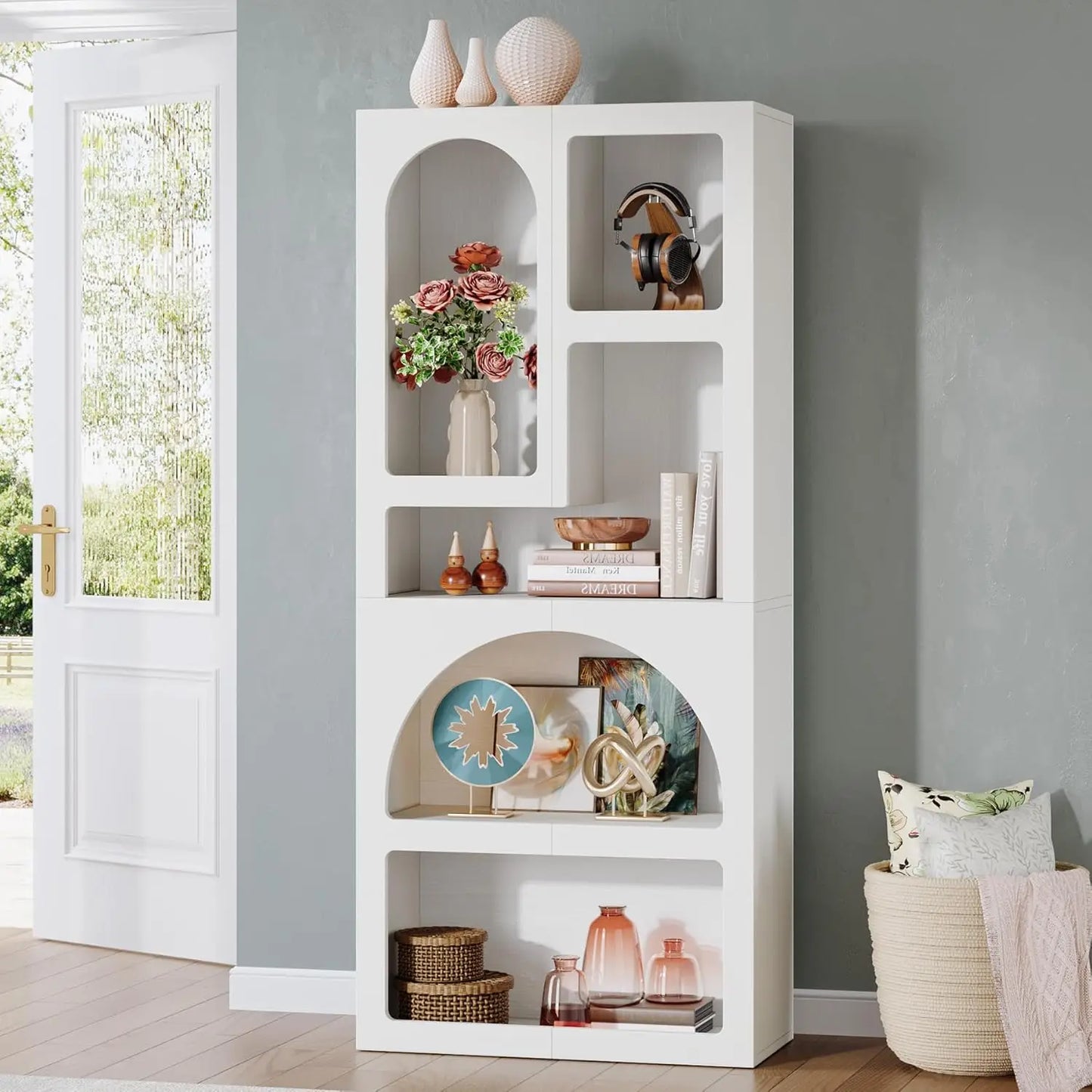White Arched Bookcase, 70.87" Tall Geometric Bookshelf