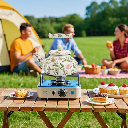 Green Floral 2.6qt Vintage Enamel Tea Kettle