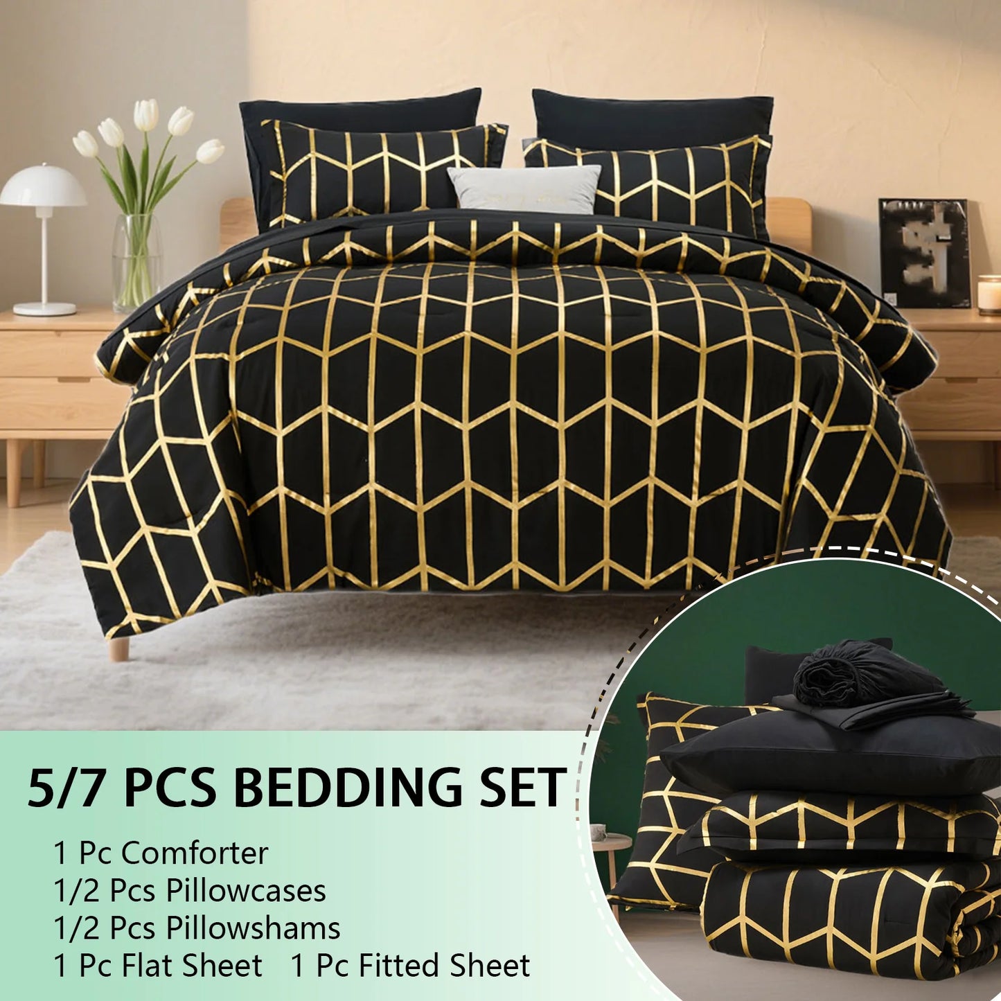 Elegant gold foil Queen Comforter Set