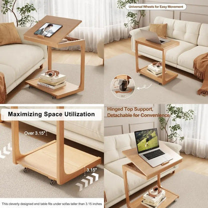 Compact Rolling C-Shaped Side Table Lockable Wheels