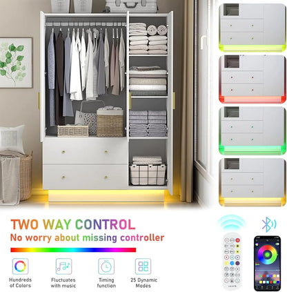 3-Door Wardrobe w/Mirror & LED Lights, Drawers & Shelves