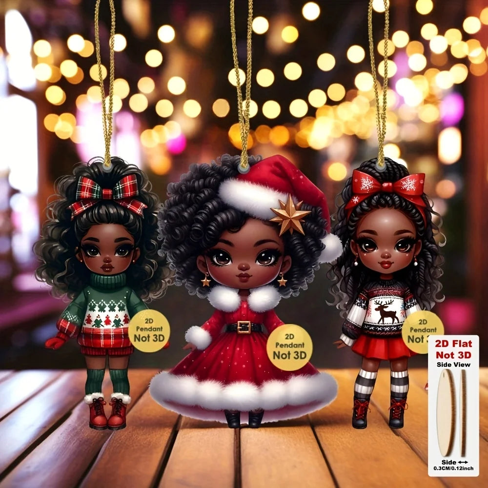 12pcs African American Christmas Ornaments 2D Wood