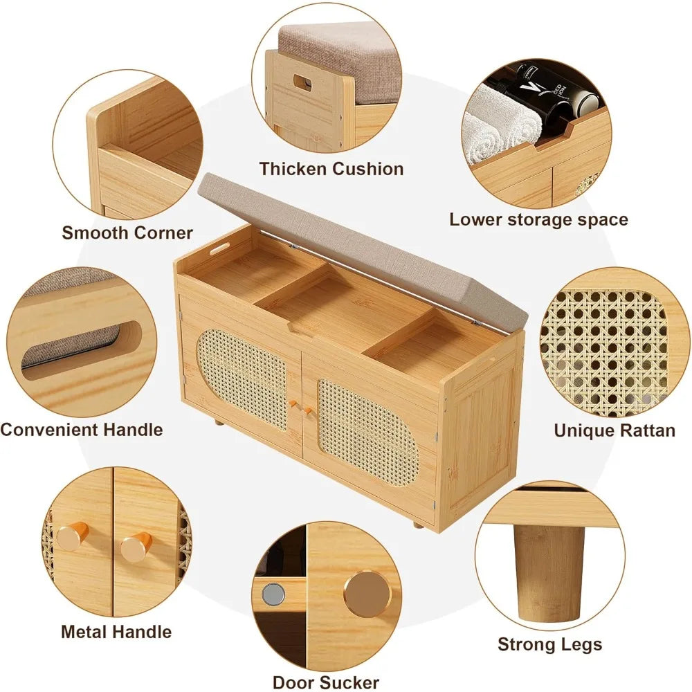 Rattan shoe storage bench, bamboo entryway bench