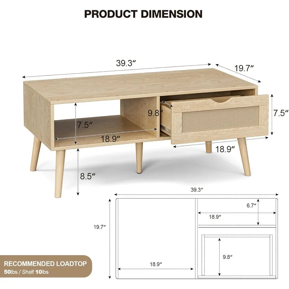 Storage Coffee Table, Rattan Drawer Table